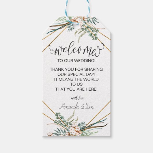 Greenery Boho Glitter Lijst Script Bruiloft Welkom Cadeaulabel (Voorkant)