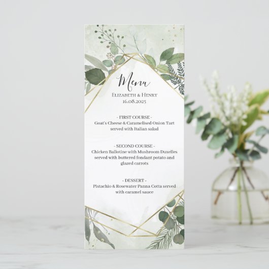 Greenery boho gold geometric watercolour wedding menu (Staand voorkant)