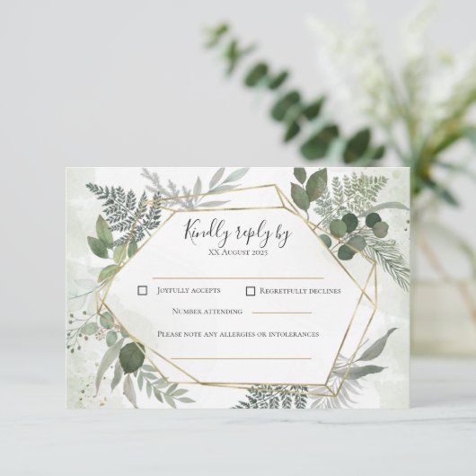 Greenery boho gold geometric watercolour wedding  RSVP kaartje (Staand voorkant)