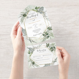 Greenery boho gold watercolour geometric wedding all in one uitnodiging