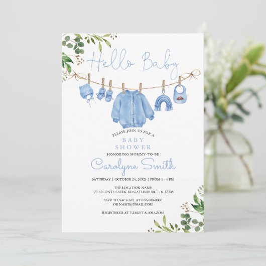 Greenery Boho Kleding Jongen Baby shower Kaart (Staand voorkant)