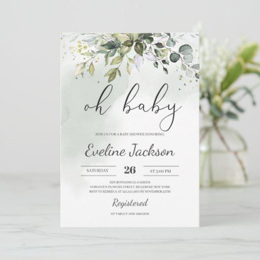 Greenery Boho Oh Baby shower Invitation Eucalyptus Kaart (Staand voorkant)