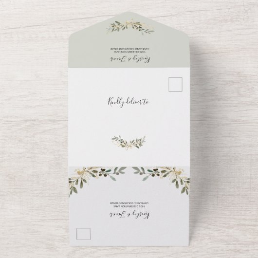Greenery Boho Sage en Gold Geometric Wedding All In One Uitnodiging (Buitenkant)