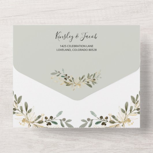Greenery Boho Sage en Gold Geometric Wedding All In One Uitnodiging (Achterkant)