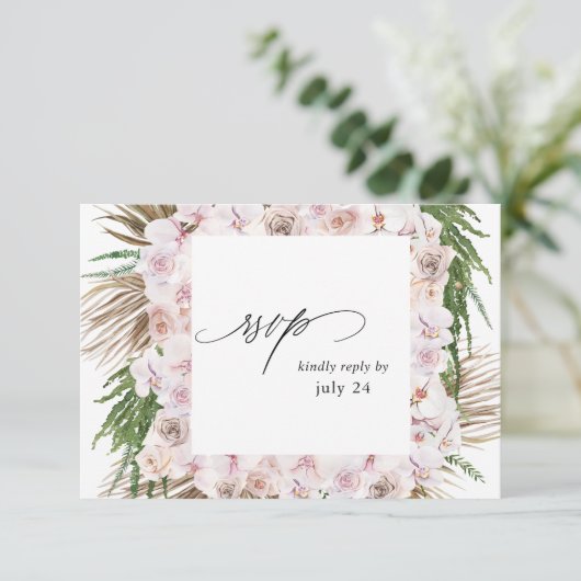 Greenery Boho Tropical Floral w Meal RSVP Card 2 Kaartje (Staand voorkant)
