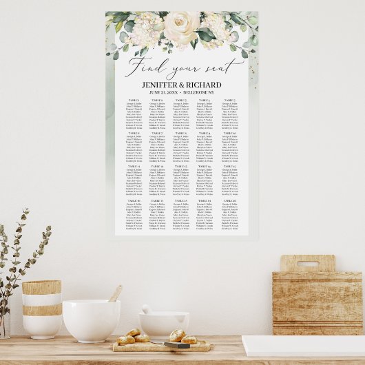 Greenery boho white roses bruiloft sediagram poster (Keuken)