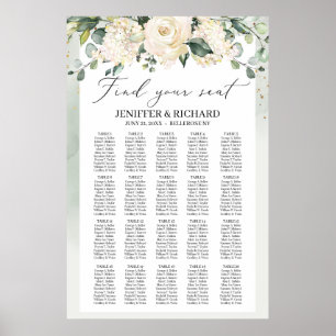 Greenery boho white roses bruiloft sediagram poster
