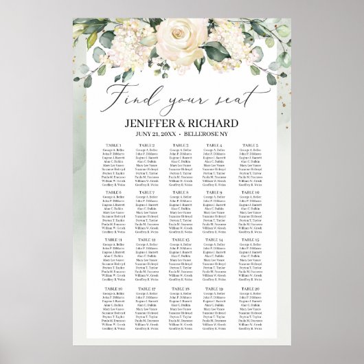Greenery boho white roses bruiloft sediagram poster (Voorkant)