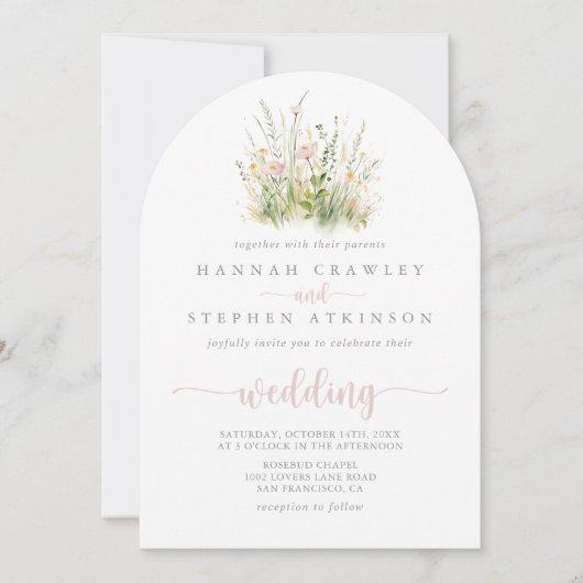 Greenery Boho Wildflower Arch voor & achter bruilo Kaart (Voorkant)