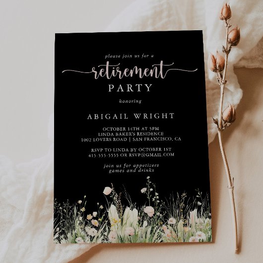 Greenery Boho Wildflower Black Retirement Party Kaart