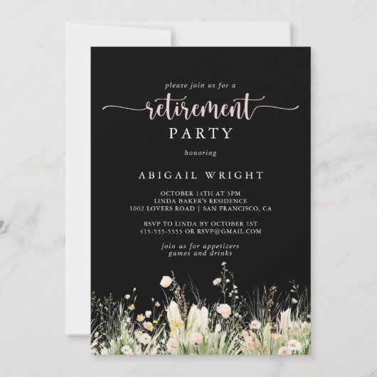 Greenery Boho Wildflower Black Retirement Party Kaart (Voorkant)