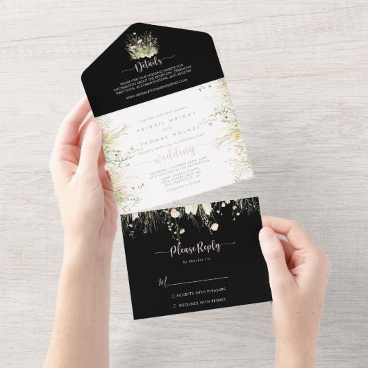 Greenery Boho Wildflower Black Wedding All In One Uitnodiging (Afscheurbaar)