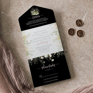 Greenery Boho Wildflower Black Wedding All In One Uitnodiging