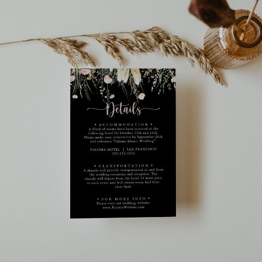 Greenery Boho Wildflower Black Wedding Details Informatiekaartje
