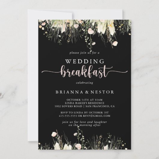 Greenery Boho Wildflower Black Wedding Ontbijt Kaart (Voorkant)