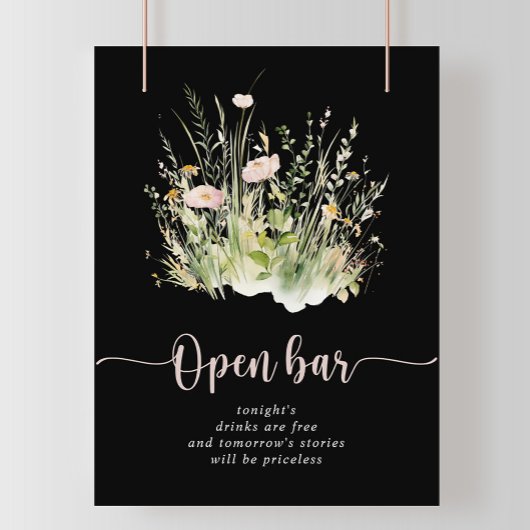 Greenery Boho Wildflower Black Wedding Open Bar Poster