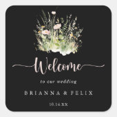Greenery Boho Wildflower Black Wedding Welkom Vierkante Sticker (Voorkant)
