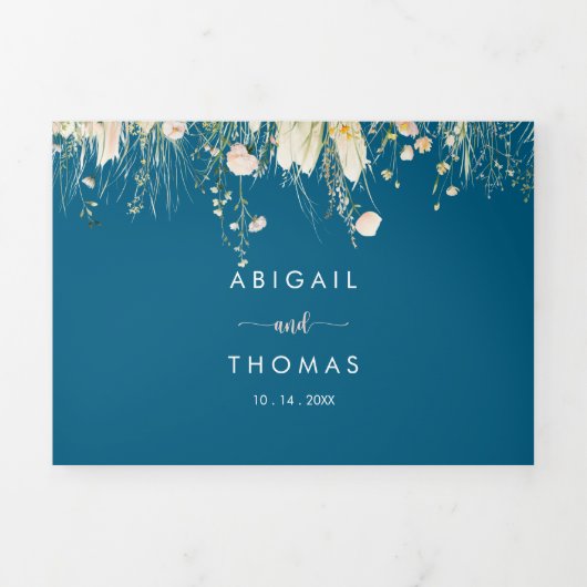 Greenery Boho Wildflower Marine Blauw De bruiloft  Drieluik Uitnodiging (Cover)