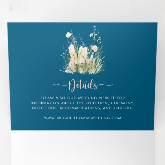 Greenery Boho Wildflower Marine Blauw De bruiloft  Drieluik Uitnodiging (Binnenzijde eerst)