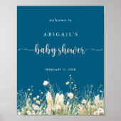 Greenery Boho Wildflower Navy Baby shower Welkom Poster (Voorkant)