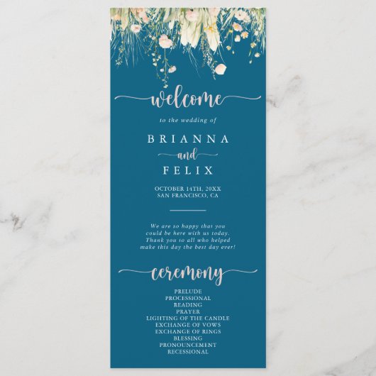 Greenery Boho Wildflower Navy huwelijksprogramma Programmakaart (Voorkant)