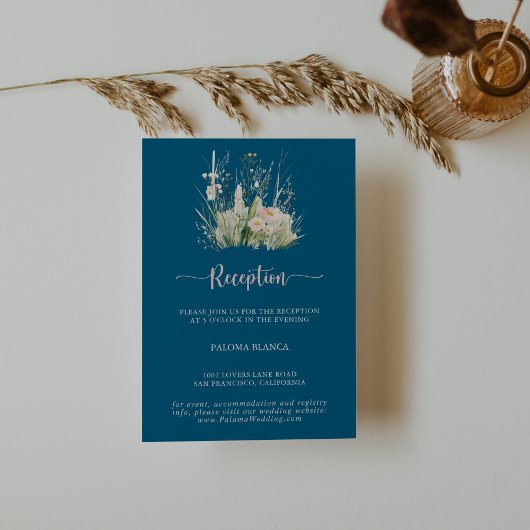 Greenery Boho Wildflower Navy huwelijksreceptie Informatiekaartje