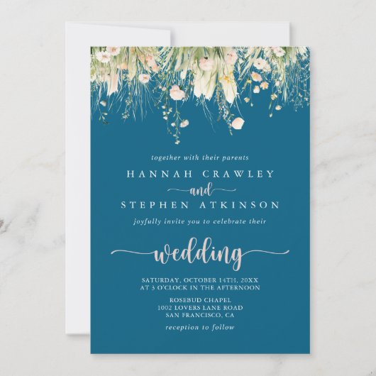 Greenery Boho Wildflower Navy voor en achter bruil Kaart (Voorkant)