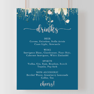 Greenery Boho Wildflower Navy Wedding Drinken Menu Poster