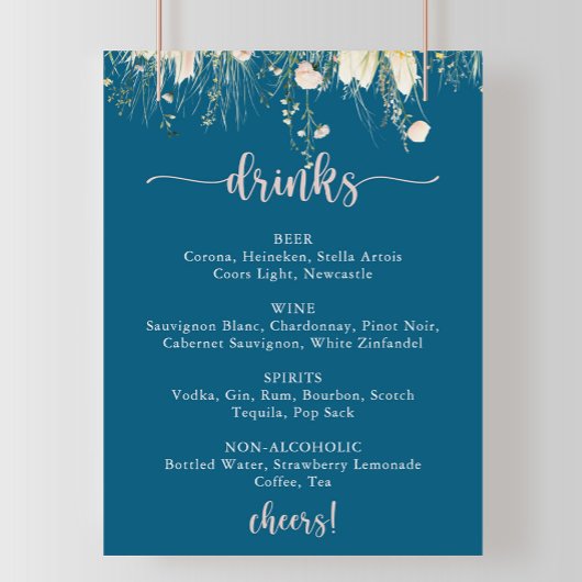 Greenery Boho Wildflower Navy Wedding Drinken Menu Poster