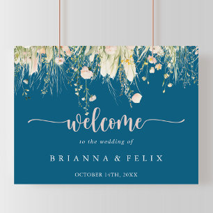Greenery Boho Wildflower Navy Wedding Welkomstbord Poster