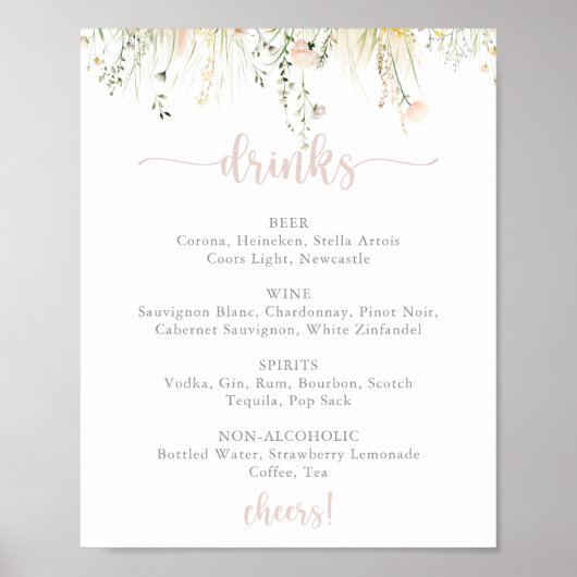 Greenery Boho Wildflower Wedding Drinken Menu Sign Poster (Voorkant)