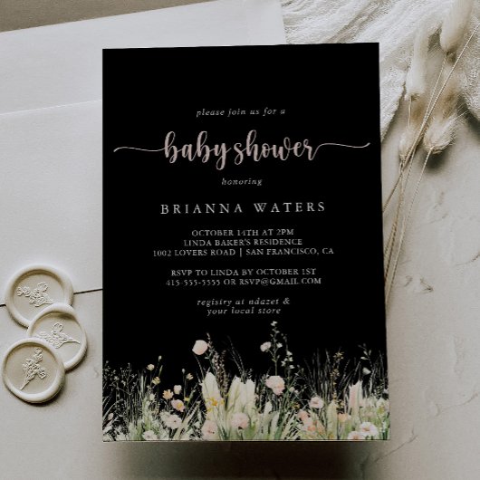 Greenery Boho Wildflower Zwart Baby shower Kaart