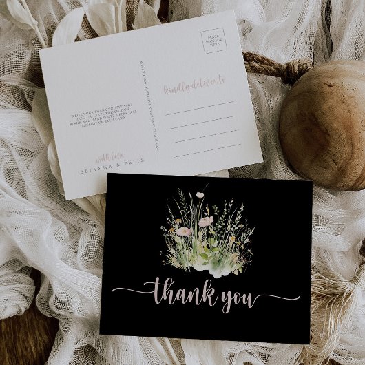 Greenery Boho Wildflower Zwart Bedankt Briefkaart