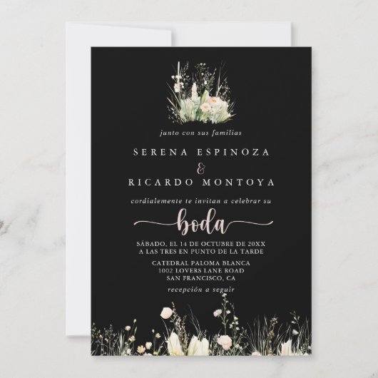 Greenery Boho Wildflower Zwart Spaans Huwelijk Kaart (Voorkant)