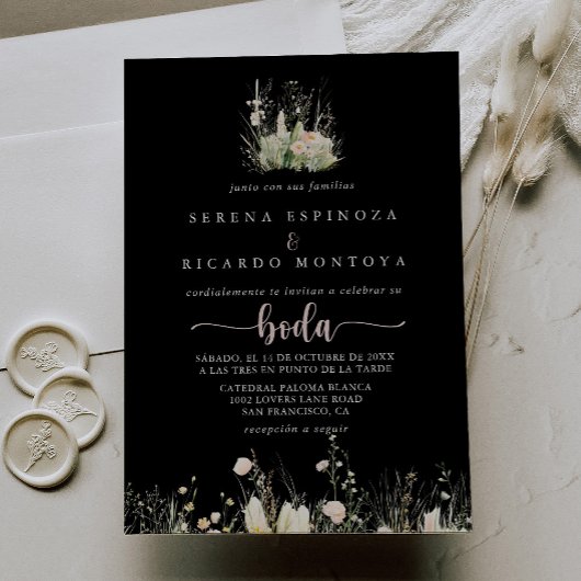 Greenery Boho Wildflower Zwart Spaans Huwelijk Kaart