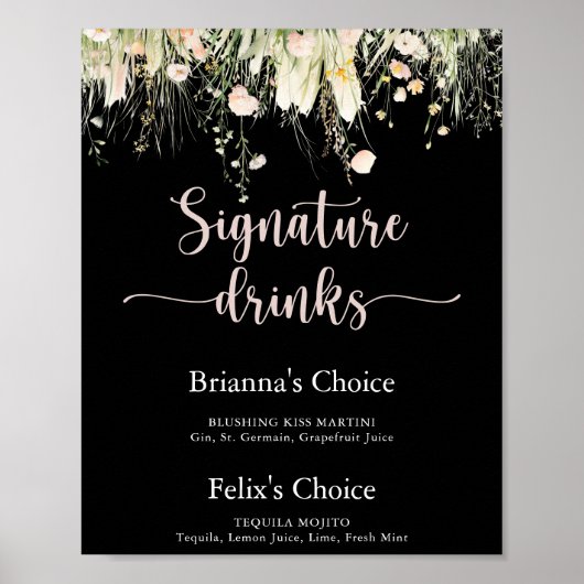 Greenery Boho Wildflower Zwarte Handtekening Drink Poster (Voorkant)