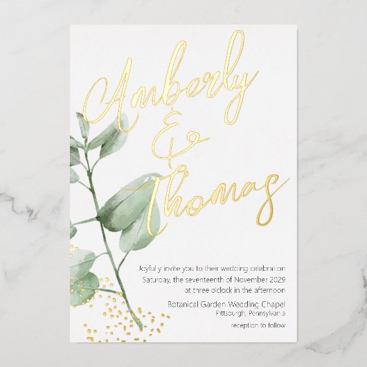 Greenery Bold Script Botanical Wedding Folie Uitnodiging (Voorkant)