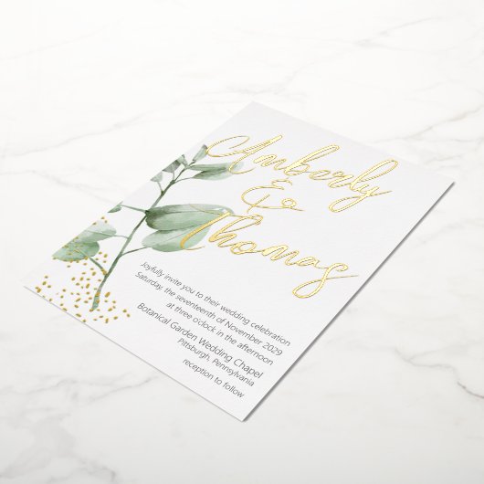 Greenery Bold Script Botanical Wedding Folie Uitnodiging (Gedraaid)