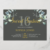 Greenery Botanic Script Sweet 16 Folie Invitation Folie Uitnodiging (Voorkant)