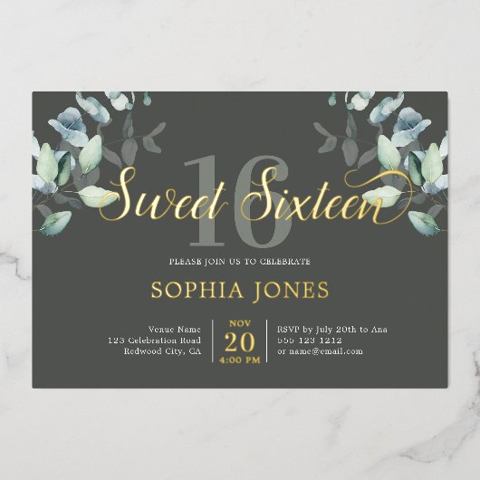 Greenery Botanic Script Sweet 16 Folie Invitation Folie Uitnodiging (Voorkant)