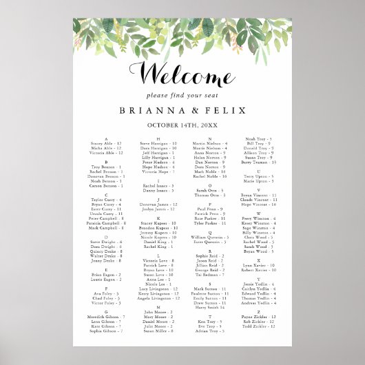 Greenery Botanical Alfabetical Seating Chart Poster (Voorkant)