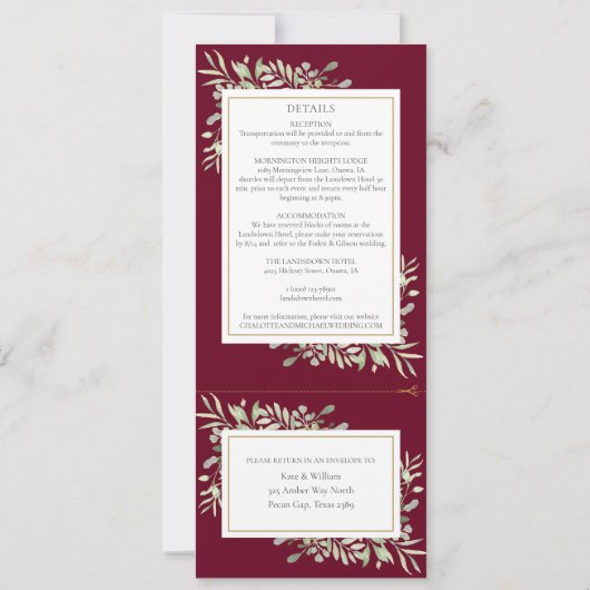 Greenery Botanical all in one Burgundy Wedding Kaart (Achterkant)