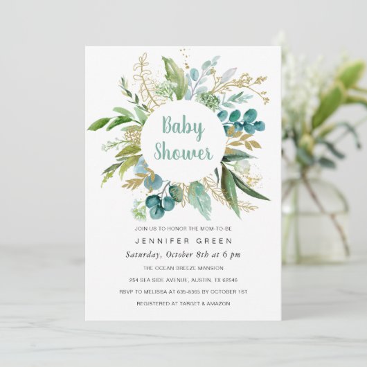 Greenery Botanical Baby shower Invitation Boy Kaart (Staand voorkant)