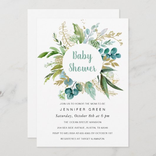 Greenery Botanical Baby shower Invitation Boy Kaart (Voorkant / Achterkant)