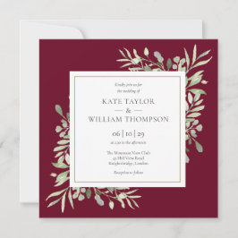 Greenery Botanical Burgundy Wedding Square Kaart