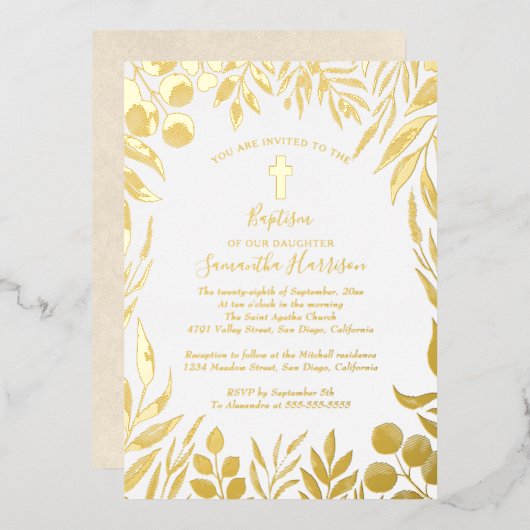Greenery Botanical Elegant Gender Neutral Baptisme Folie Uitnodiging (Voorkant / Achterkant)