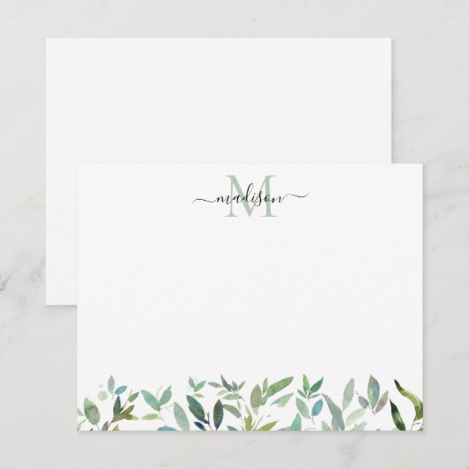 Greenery Botanical Eucalyptus Foliage Monogram Notitiekaartje (Voorkant / Achterkant)