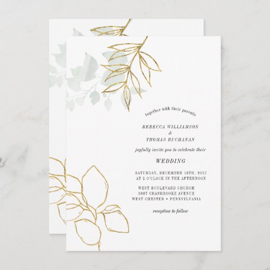 Greenery Botanical Faux Gold Leaf Wedding Kaart (Voorkant / Achterkant)