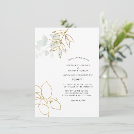 Greenery Botanical Faux Gold Leaf Wedding Kaart (Staand voorkant)