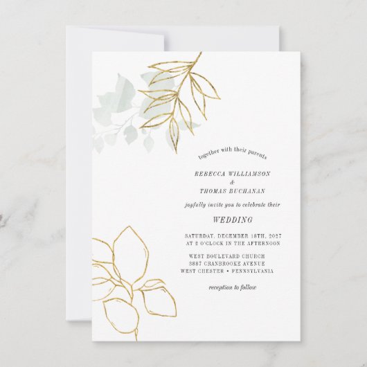 Greenery Botanical Faux Gold Leaf Wedding Kaart (Voorkant)